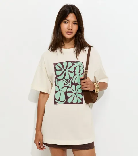 Off White Cotton Abstract Flower Print Oversized T-Shirt