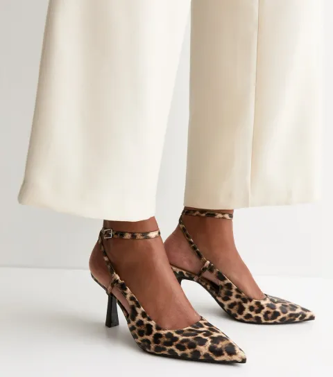 Brown Leopard Print Ankle Strap Court Shoes Vegan