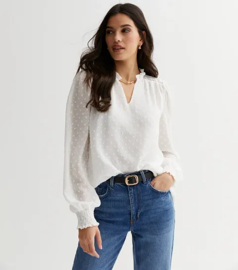 White Embroidered Chiffon V Neck Blouse