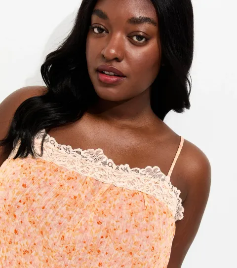 Plus Size Pink Floral Chiffon Lace Trim Cami Top Curves