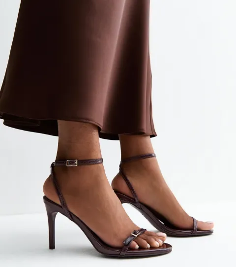 Dark Burgundy Faux Leather Buckle Strap Stiletto Sandals Vegan