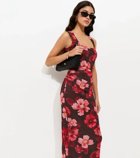 Brown Floral Mesh Square Neck Midi Dress