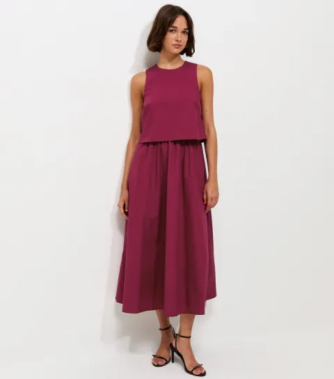 Dark Burgundy Cotton Layered 2-in-1 Sleeveless Midi Dress