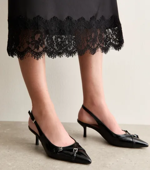 Black Buckle Detail Patent Slingback Court Shoes Vegan