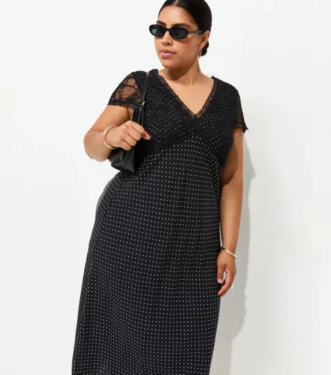 Plus Size Black Spot Print Lace Bust Midi Dress Curves