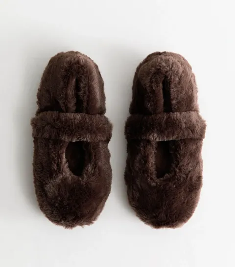 Dark Brown Faux Fur Mary Jane Ballet Slippers Vegan