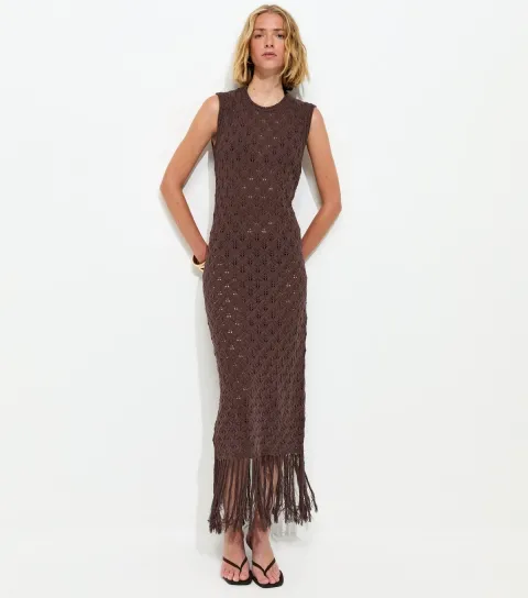 Dark Brown Crochet Fringe Hem Maxi Dress