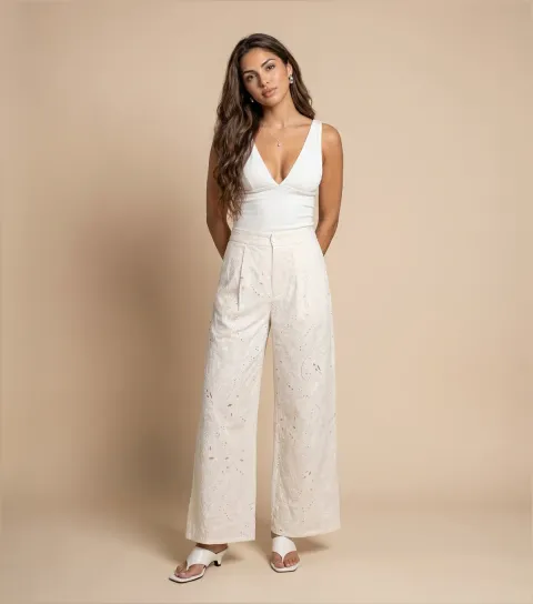 Cream Cotton Embroidered Tailored Trousers