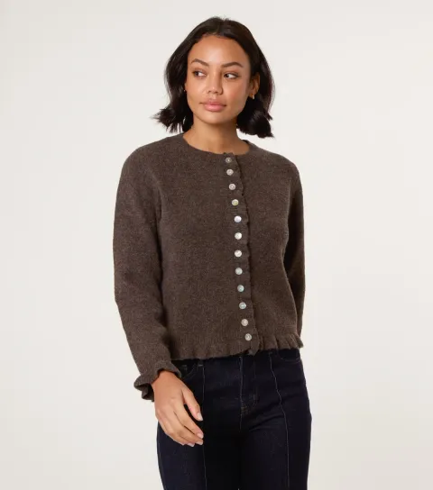 Brown Ruffle Trim Cardigan