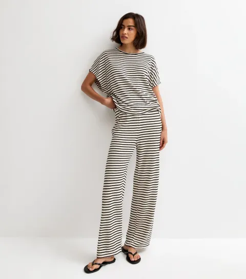 Cream Textured Striped Wide Leg Trousers