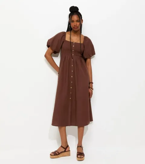 Brown Faux Button Milkmaid Midi Dress