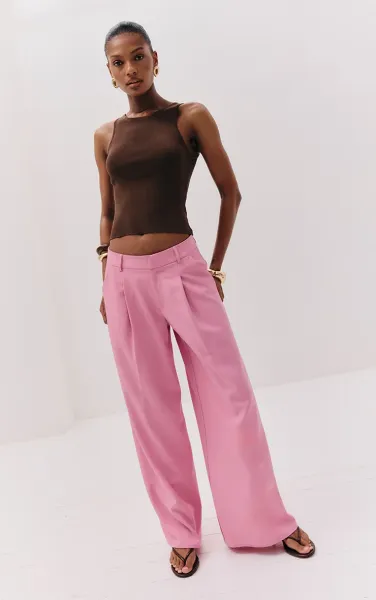 Pink Woven Double Pleat Wide Leg Trouser