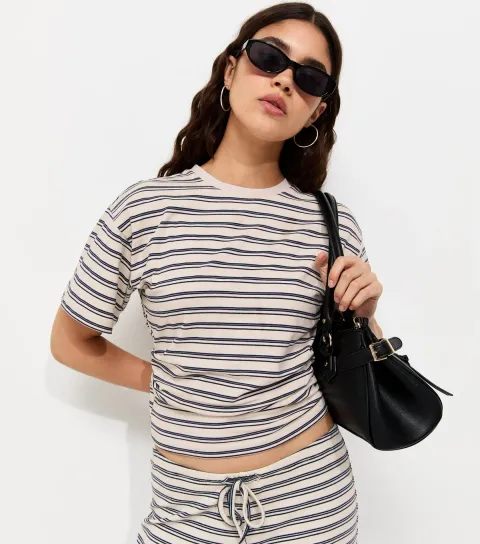 Blue Cotton Striped Corset Waist T-Shirt