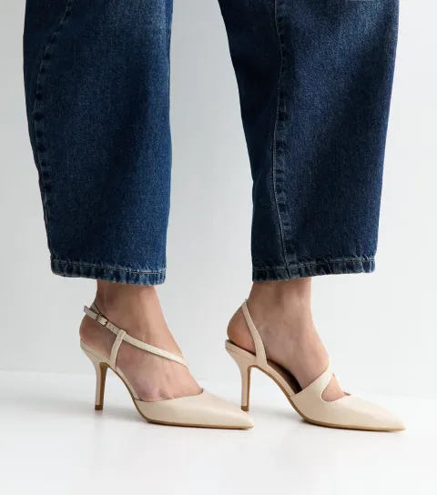 Off White Faux Leather Asymmetric Strap Slingback Court Shoes Vegan