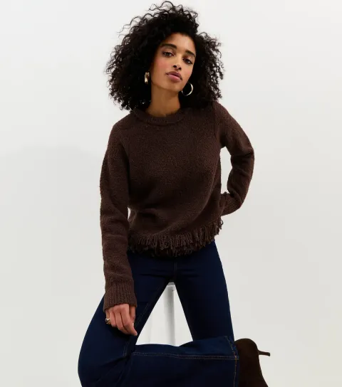 Dark Brown Boucle Fringe Hem Jumper