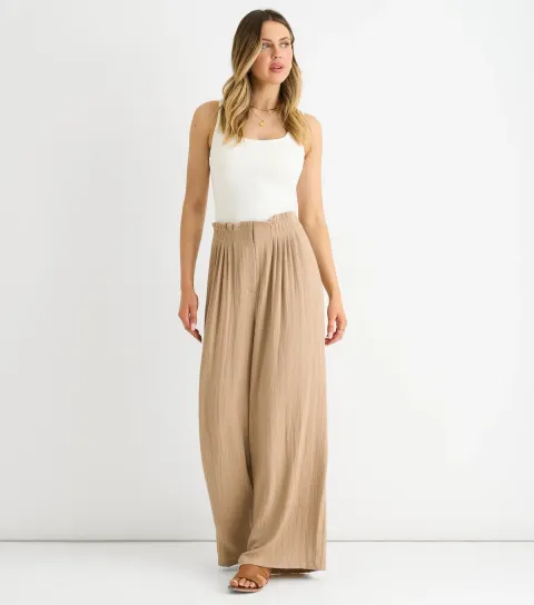 Camel Gathered Paperbag Wide Leg Trousers