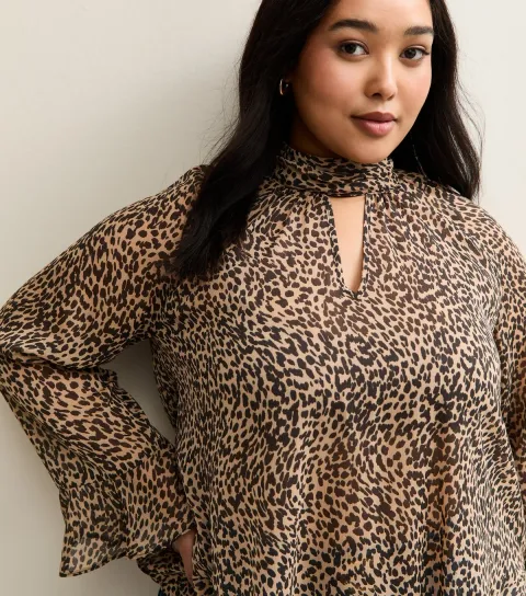 Plus Size Brown Animal Print High Keyhole Neck Blouse Curves