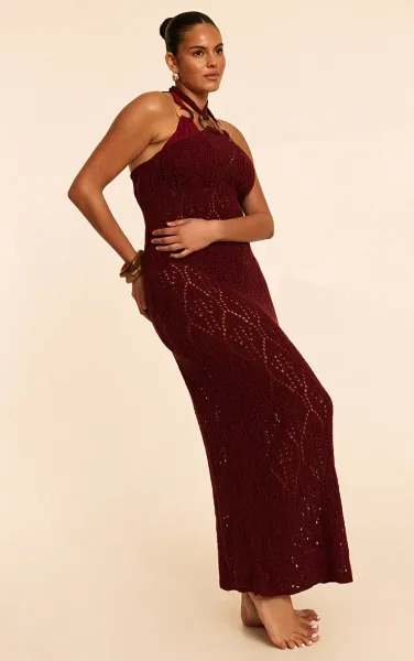 Plus Burgundy Crochet Maxi Halter Neck Beach Dress