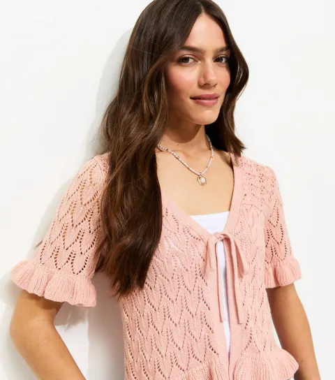Petite Light Pink Open Knit Stitch Tie Short Sleeve Cardigan