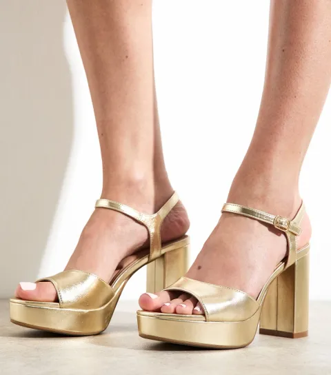 Gold Faux Leather Platform Sole Block Heel Sandals Vegan