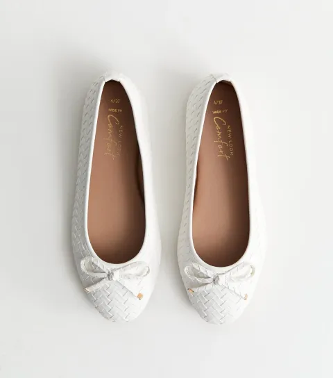 Wide Fit White Faux Leather Woven Ballet Pumps Vegan