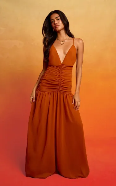 Rust Chiffon Ruched Maxi Beach Dress