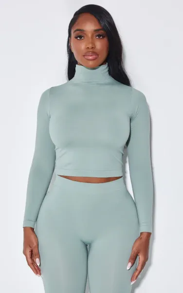 Shape Sage Green Stretch Seamless High Neck Long Sleeve Top