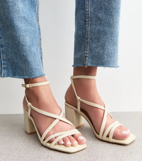 Off White Faux Leather Block Heel Multi Strap Sandals Vegan