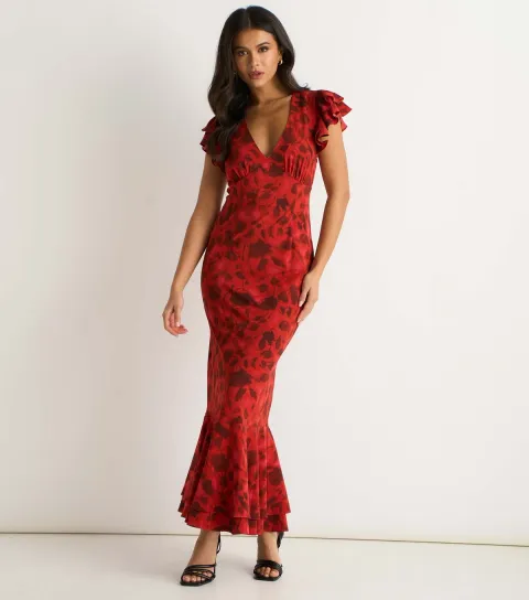 Red Floral Print Ruffle Maxi Dress