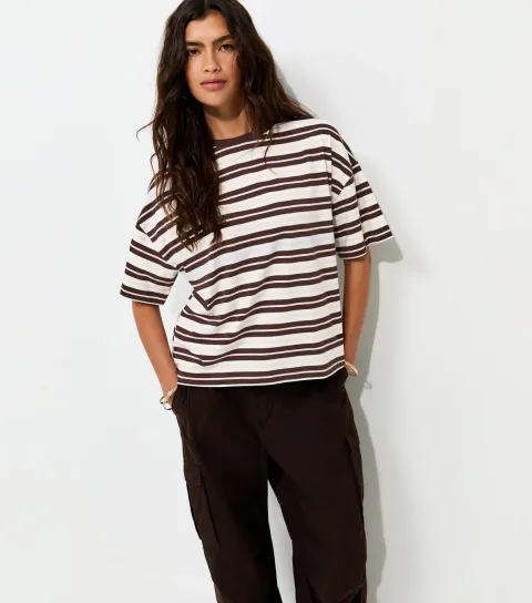 Brown Cotton Striped Oversized Boxy T-Shirt