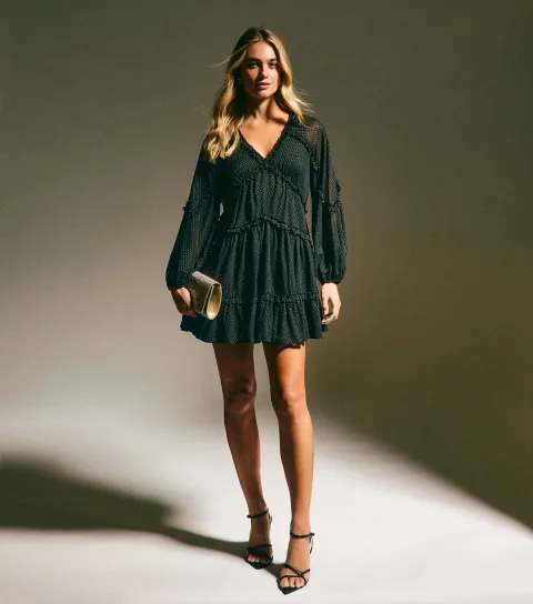 Black Chiffon Gold Fleck Mini Dress