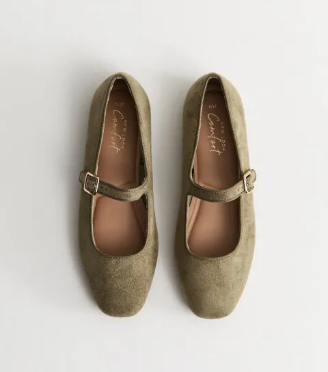 Dark Khaki Faux Suede Mary Jane Ballet Flats Vegan