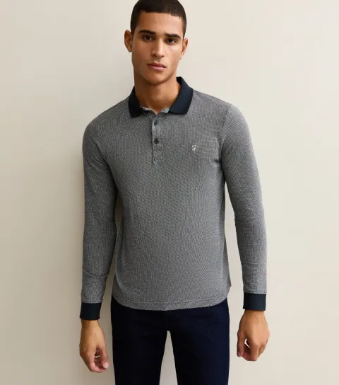Navy Contrast Trim Long Sleeve Polo Shirt