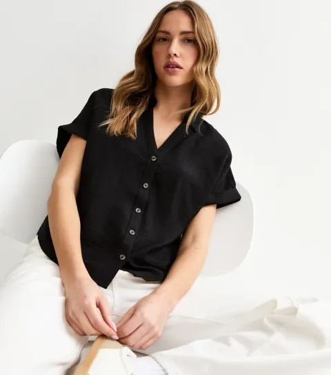 Black Collared V Neck Short Shirt