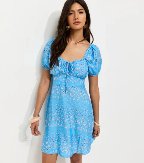 Blue Daisy Pattern Milkmaid Mini Dress