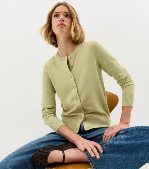 Light Green Knit Crew Neck Button Up Cardigan