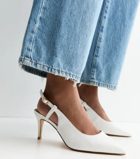 Extra Wide Fit White Faux Leather Lizard Embossed Slingback Court Shoes Vegan