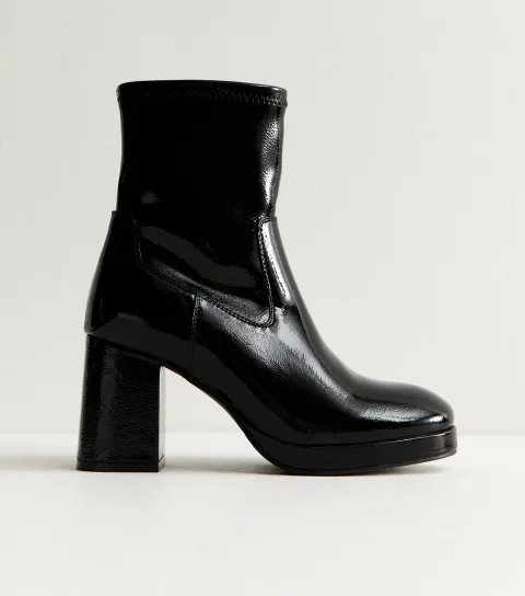 Black Faux Leather Platform Block Heel Ankle Boots Vegan