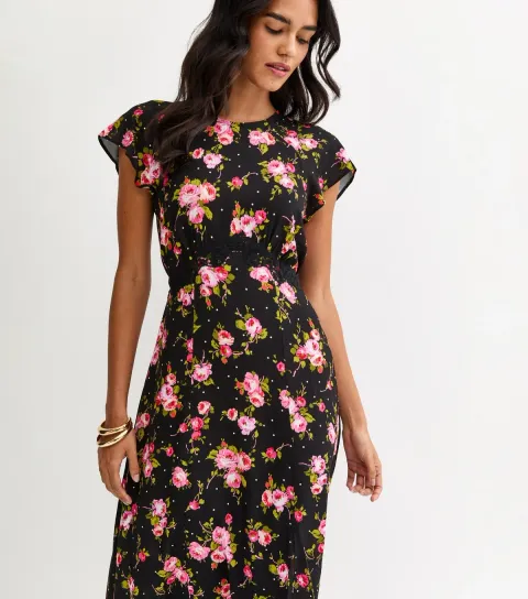 Black Floral Lace Waist Midi Dress