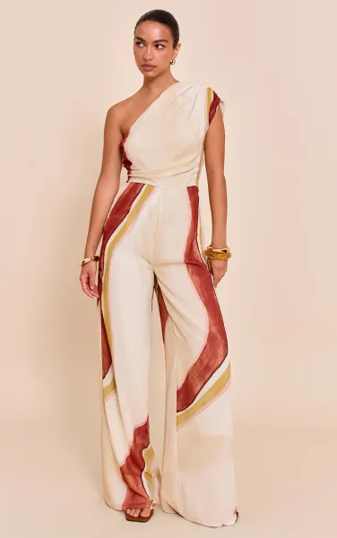 Cream Abstract Chiffon One Shoulder Ruched Jumpsuit