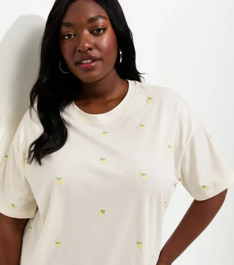 Plus Size Cream Lemon Embroidered Boxy T-Shirt Curves