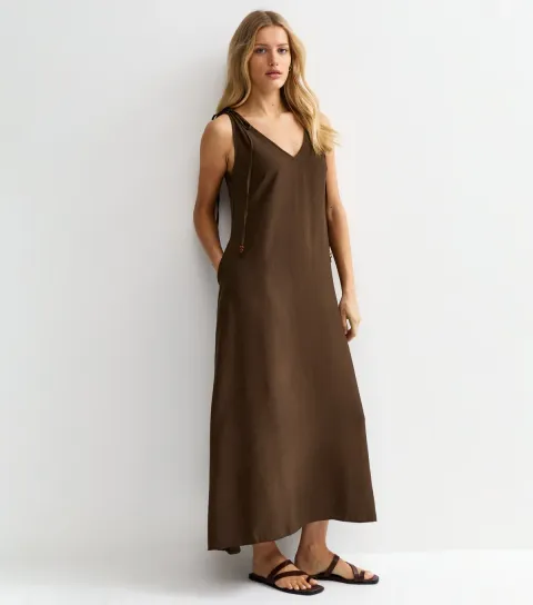 Brown Beaded Tie Smock Midi Dress