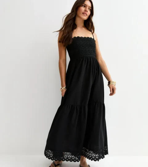 Petite Black Crochet Panel Maxi Dress