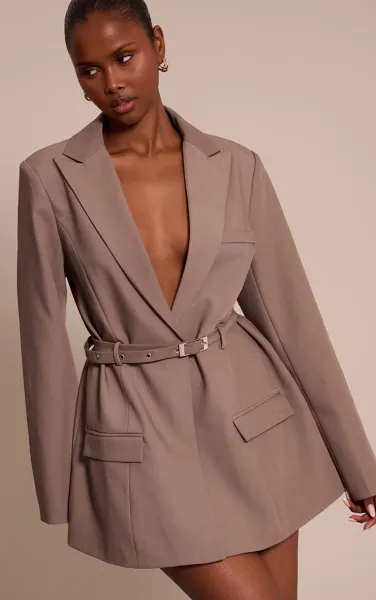 Mushroom Woven Tailored Blazer Dress