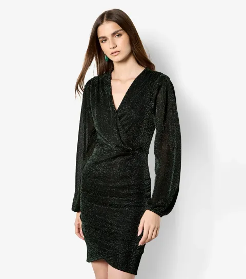 Dark Green Mottled Sparkle Wrap Dress