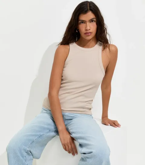 Cream Cotton Rich Racer Back Ribbed Vest Top