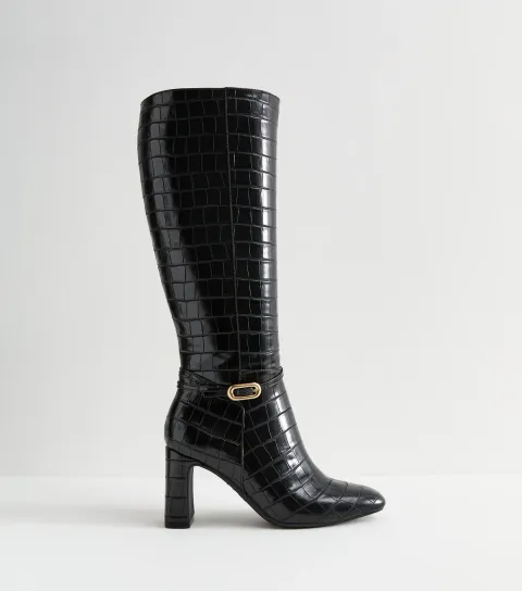 Black Snakeskin Effect Faux Leather Knee High Boots Vegan