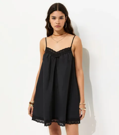 Black Cotton Rich Lace Trim Strappy Smock Mini Dress