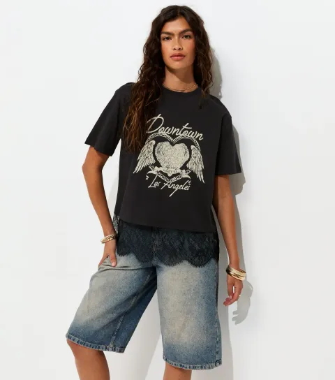 Black Cotton Downtown Los Angeles Heart Lace Trim T-Shirt
