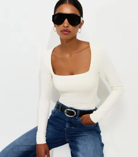 Off White Long Sleeve Square Neck Slinky Bodysuit